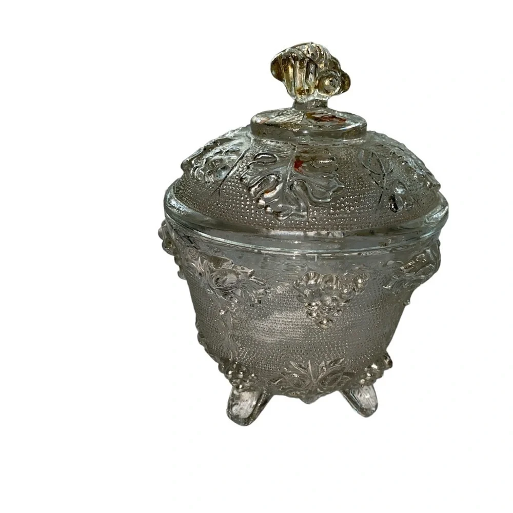 Depression glass footed jar & lid grapevine and leaf design clear glass vintage
